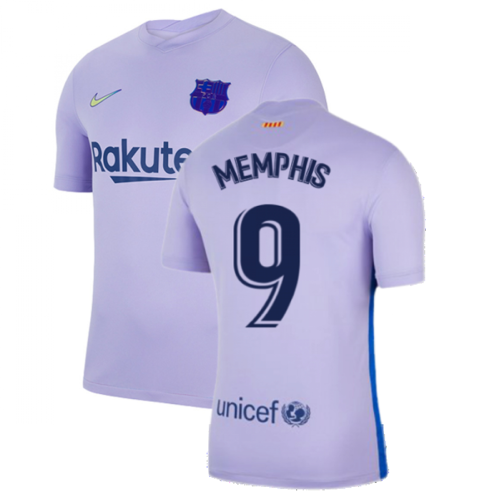 '21-'22 Barcelona Away Shirt (Kids) (Memphis 9) Polyester Memphis Depay Made By: Nike Unisex Kids Purple Small