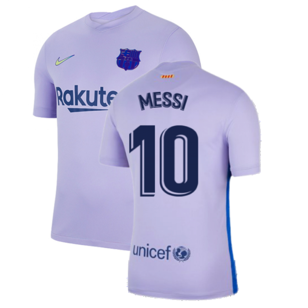 '21-'22 Barcelona Away Shirt (Kids) (Messi 10) Polyester Lionel Messi Made By: Nike Unisex Kids Purple Small
