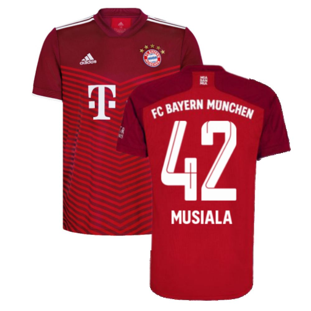 '21-'22 Bayern Munich Home Shirt (Musiala 42) Polyester Jamal Musiala Made By: Adidas Men's Red Large