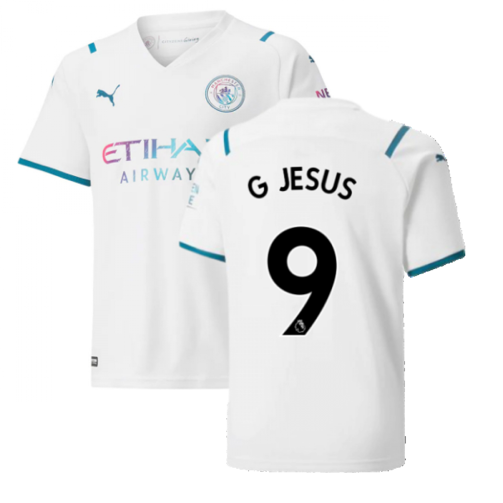 '21-'22 Man City Away Shirt (Kids) (G Jesus 9) Polyester Gabriel Jesus Manchester United Made By: Puma Unisex Kids White Size 7-8