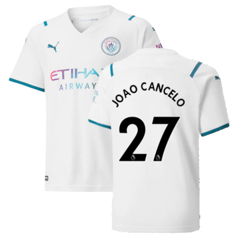 '21-'22 Man City Away Shirt (Kids) (Joao Cancelo 27) Polyester Manchester United Made By: Puma Unisex Kids White Size 7-8