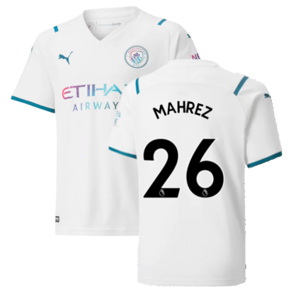 '21-'22 Man City Away Shirt (Kids) (Mahrez 26) Polyester Riyad Mahrez Manchester United Made By: Puma Unisex Kids White Size 7-8