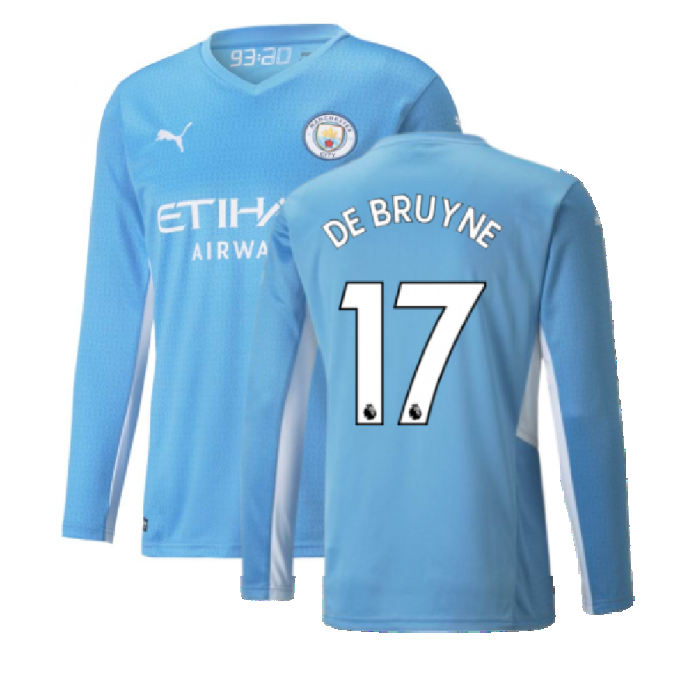 '21-'22 Man City Long Sleeve Home Shirt (De Bruyne 17) Polyester Kevin De Bruyne Manchester United Made By: Puma Men's Blue 3XL