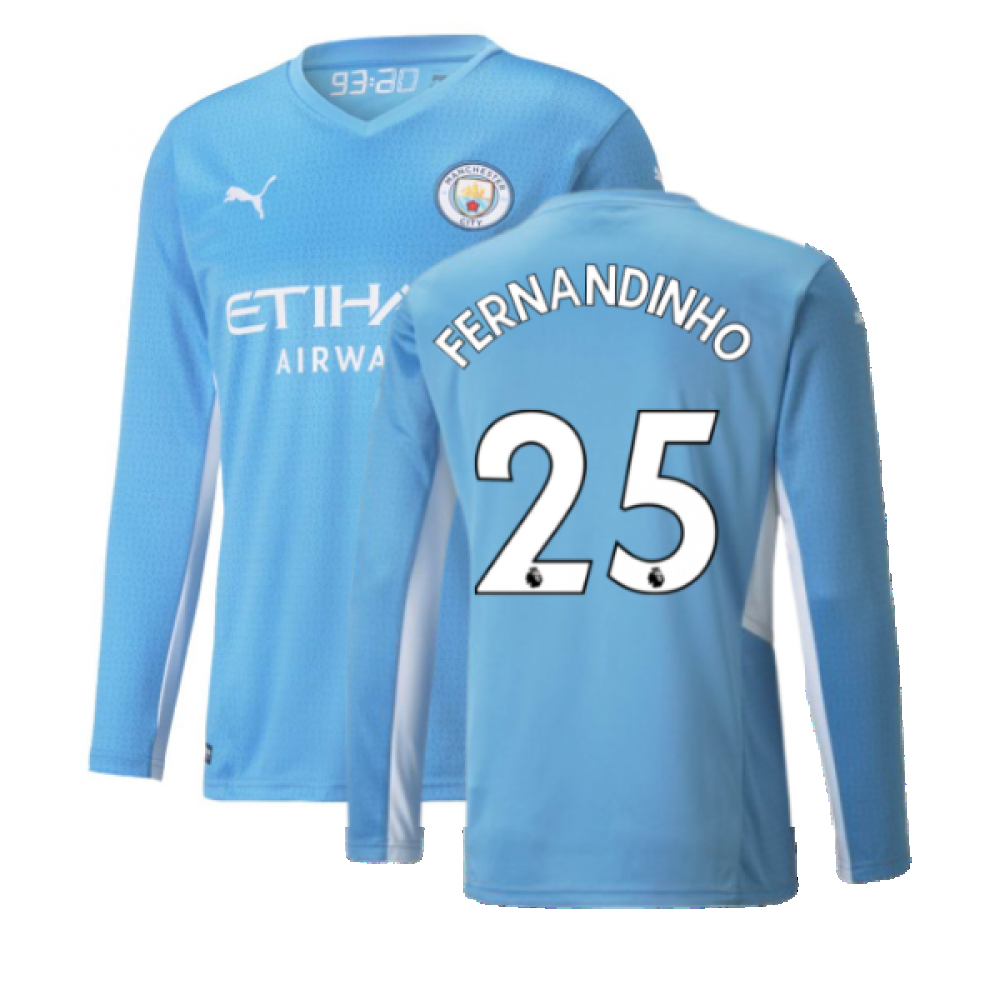 '21-'22 Man City Long Sleeve Home Shirt (Fernandinho 25) Polyester Manchester United Made By: Puma Men's Blue 3XL
