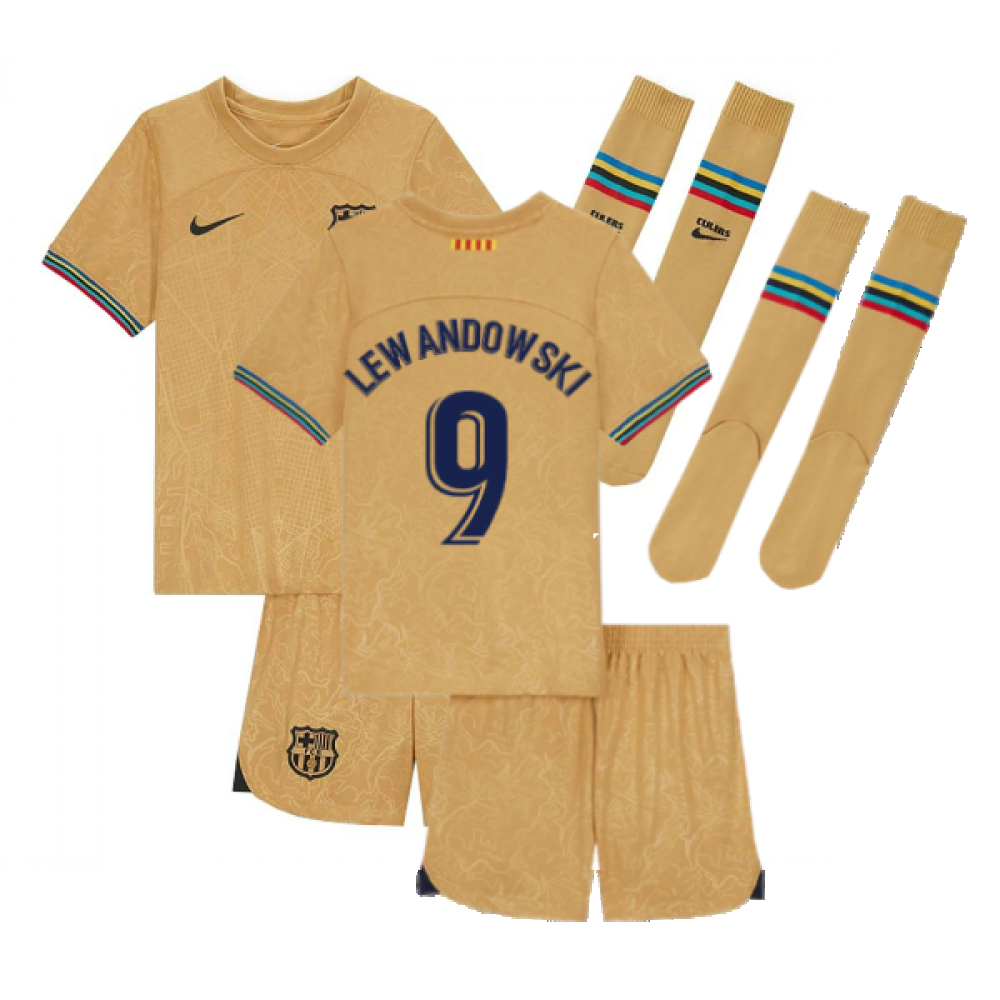 '22-'23 Barcelona Little Boys Away Kit (Lewandowski 9) Kids Polyester Robert Lewandowski Made By: Nike Unisex Kids Gold Extra Small
