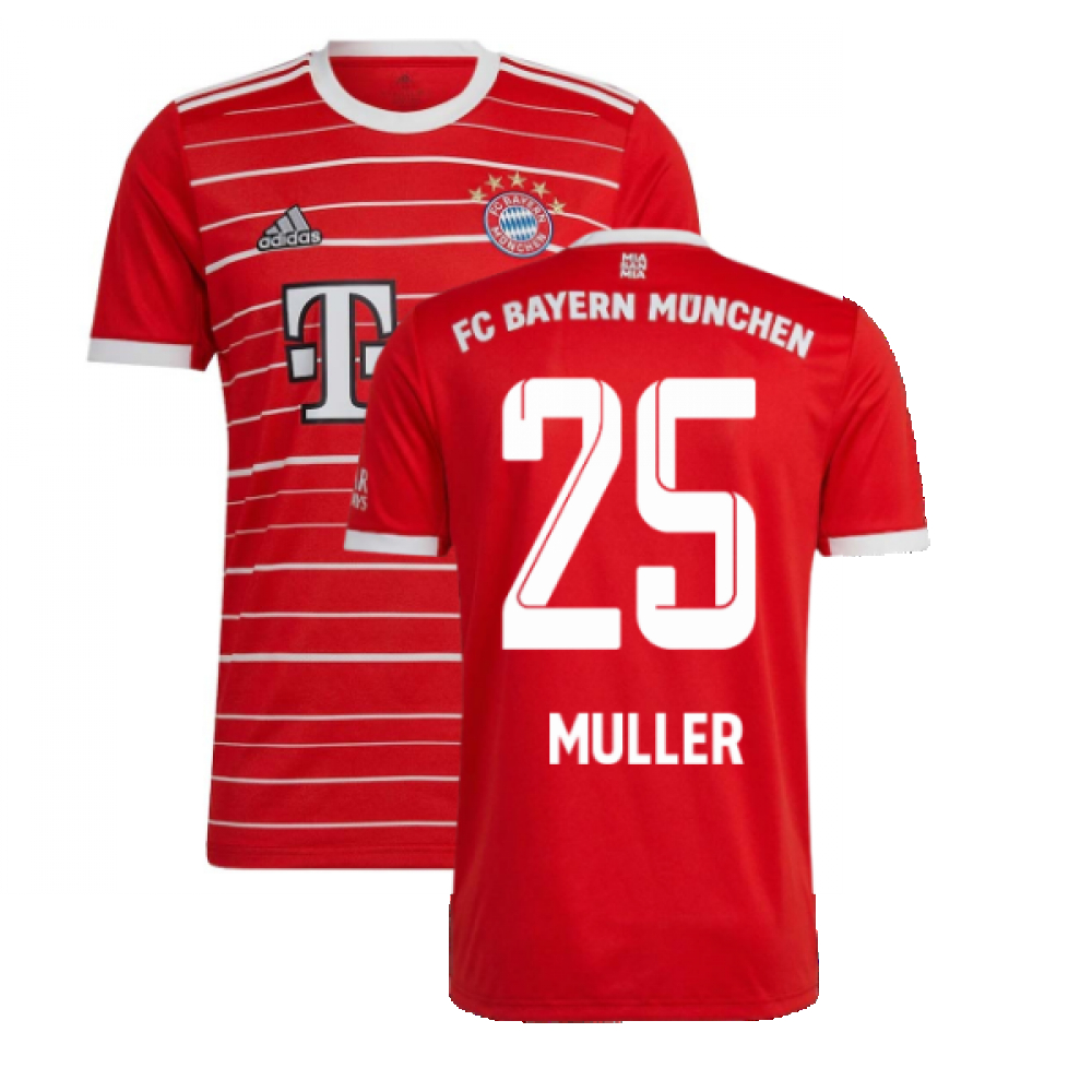 '22-'23 Bayern Munich Home Shirt (Kids) (Muller 25) Polyester Thomas Muller Made By: Adidas Unisex Kids Red Size 11-12