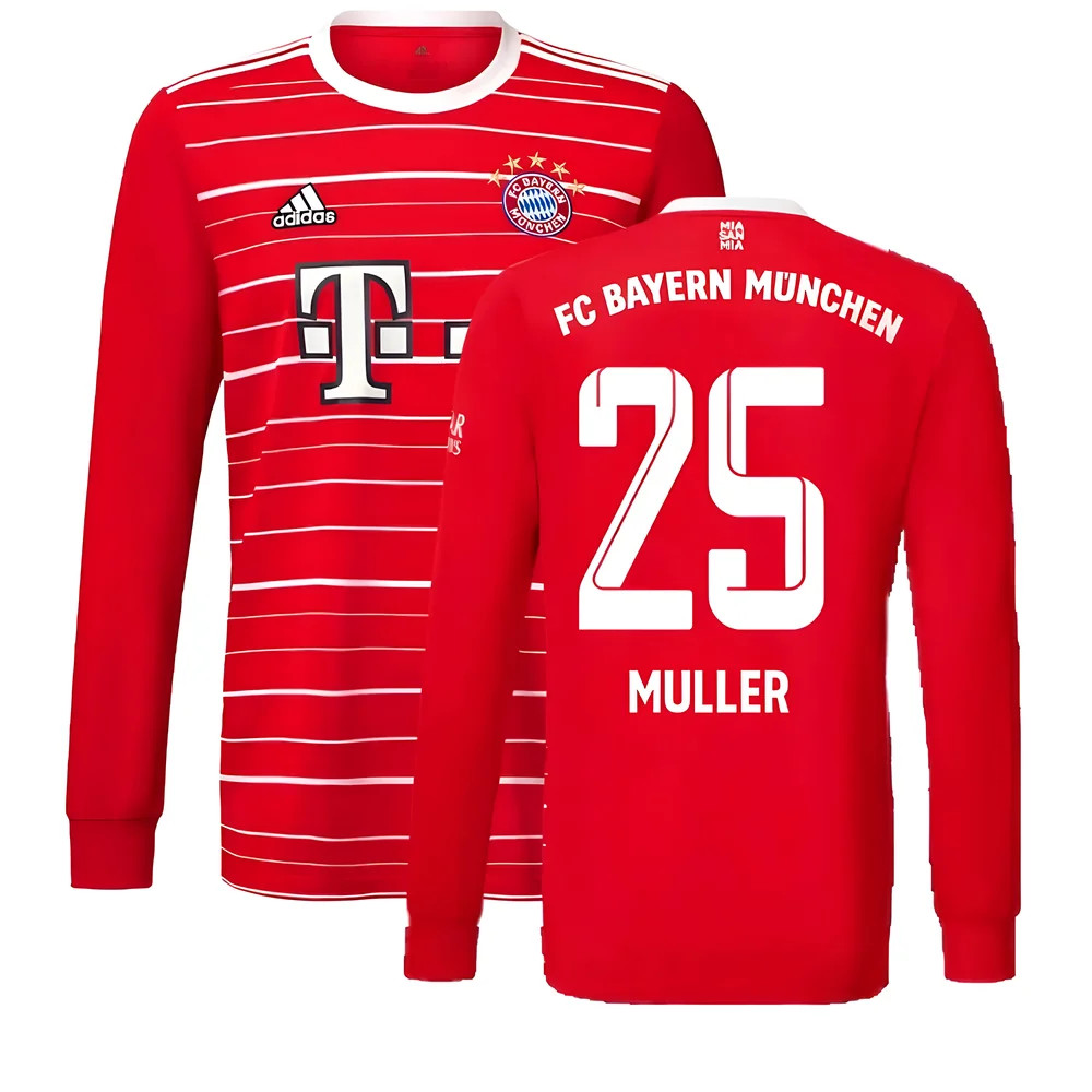 '22-'23 Bayern Munich Long Sleeve Home Shirt (Muller 25) Polyester Thomas Muller Made By: Adidas Men's Red Xxl