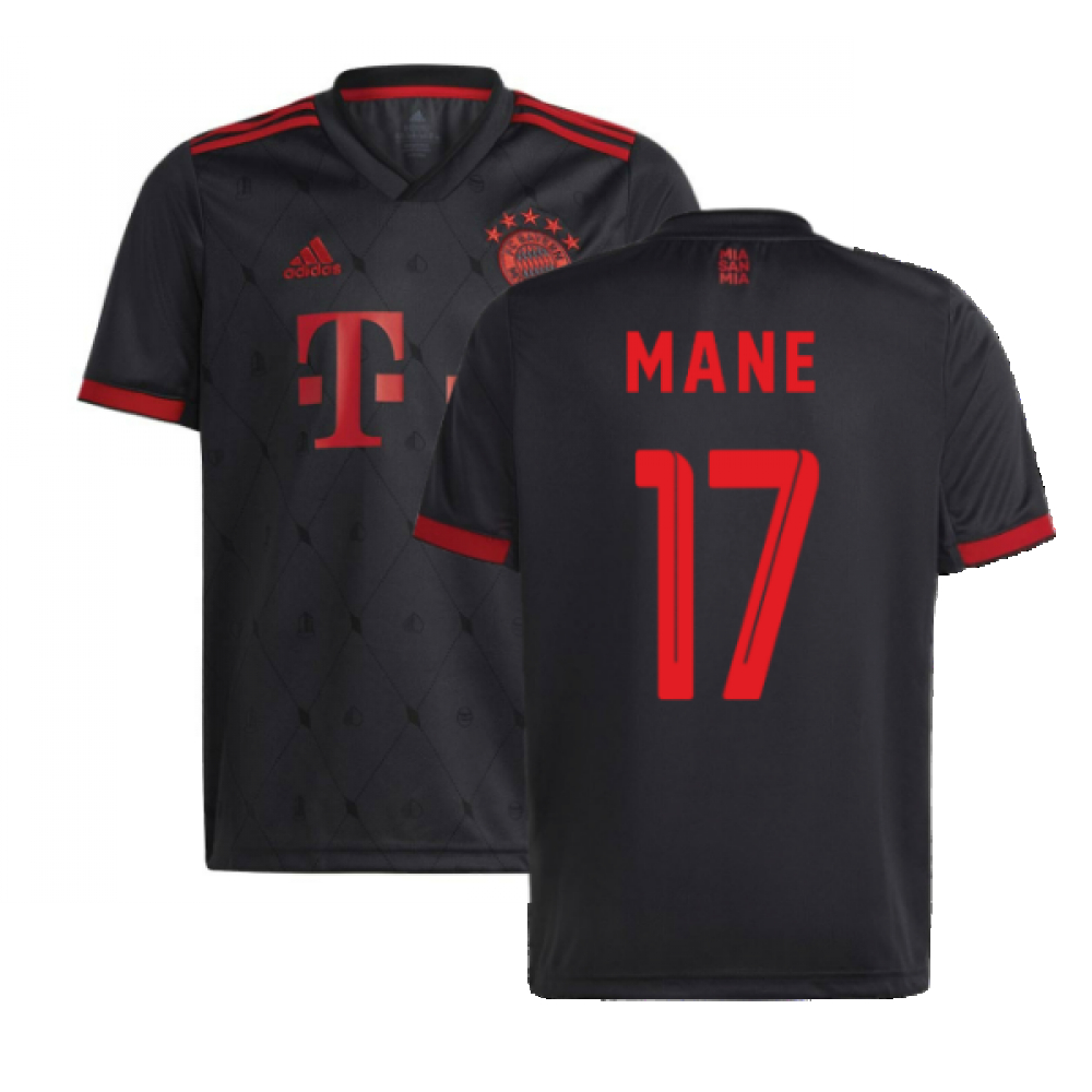 '22-'23 Bayern Munich Third Shirt (Kids) (Mane 17) Polyester Sadio Mane Made By: Adidas Unisex Kids Black Size 7-8