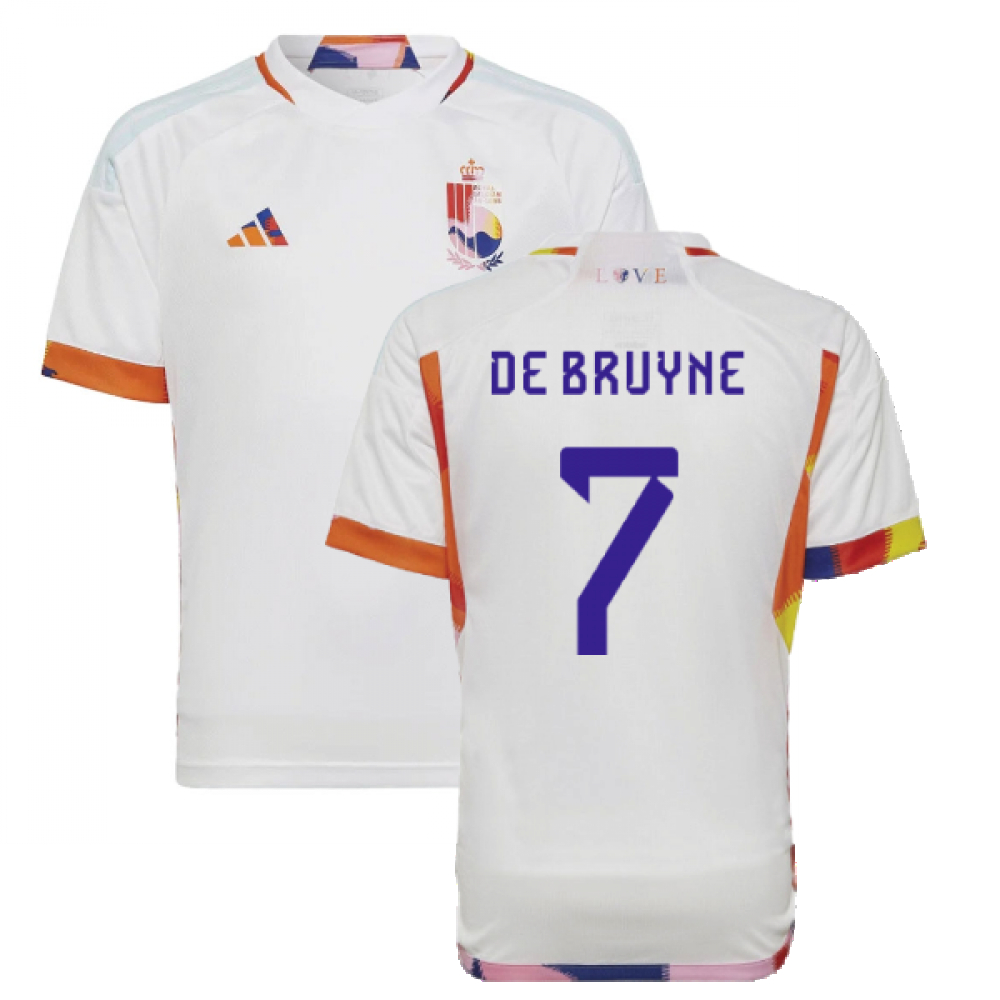 '22-'23 Belgium Away Shirt (Kids) (De Bruyne 7) Polyester Kevin De Bruyne Made By: Adidas Unisex Kids White Size 15-16