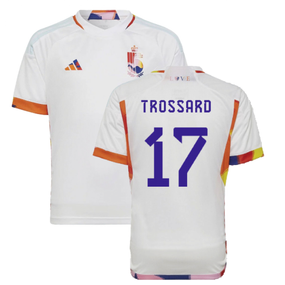 '22-'23 Belgium Away Shirt (Kids) (Trossard 17) Polyester Leandro Trossard Made By: Adidas Unisex Kids White Size 15-16