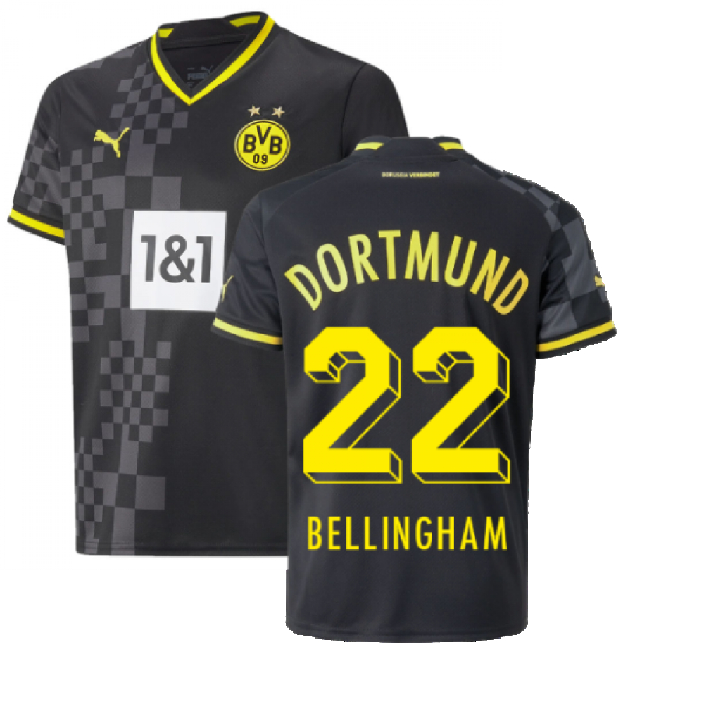 '22-'23 Borussia Dortmund Away Shirt (Kids) (Bellingham 22) Polyester Jude Bellingham Made By: Puma Unisex Kids Black Size 7-8