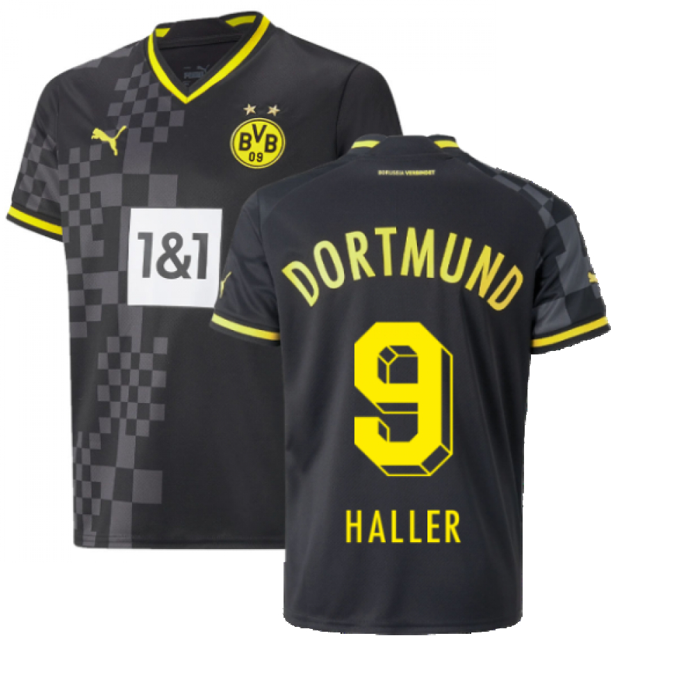 '22-'23 Borussia Dortmund Away Shirt (Kids) (Haller 9) 7-8 Polyester Sebastien Haller Made By: Puma Unisex Kids Black Extra Small