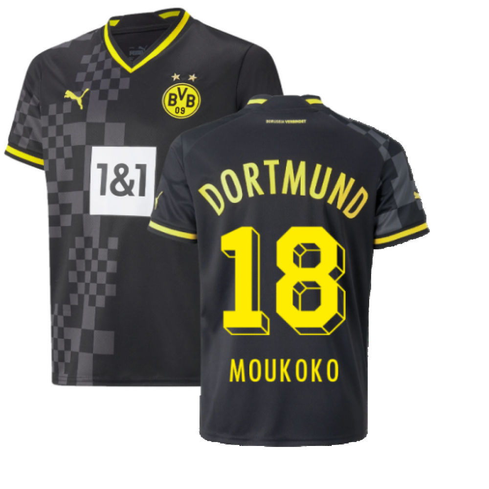 '22-'23 Borussia Dortmund Away Shirt (Kids) (Moukoko 18) Polyester Youssoufa Moukoko Made By: Puma Unisex Kids Black Size 7-8