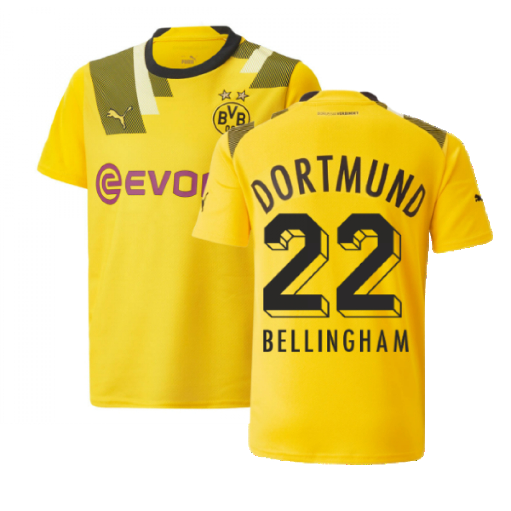 '22-'23 Borussia Dortmund Cup Shirt (Kids) (Bellingham 22) Polyester Jude Bellingham Made By: Puma Unisex Kids Yellow Extra Small