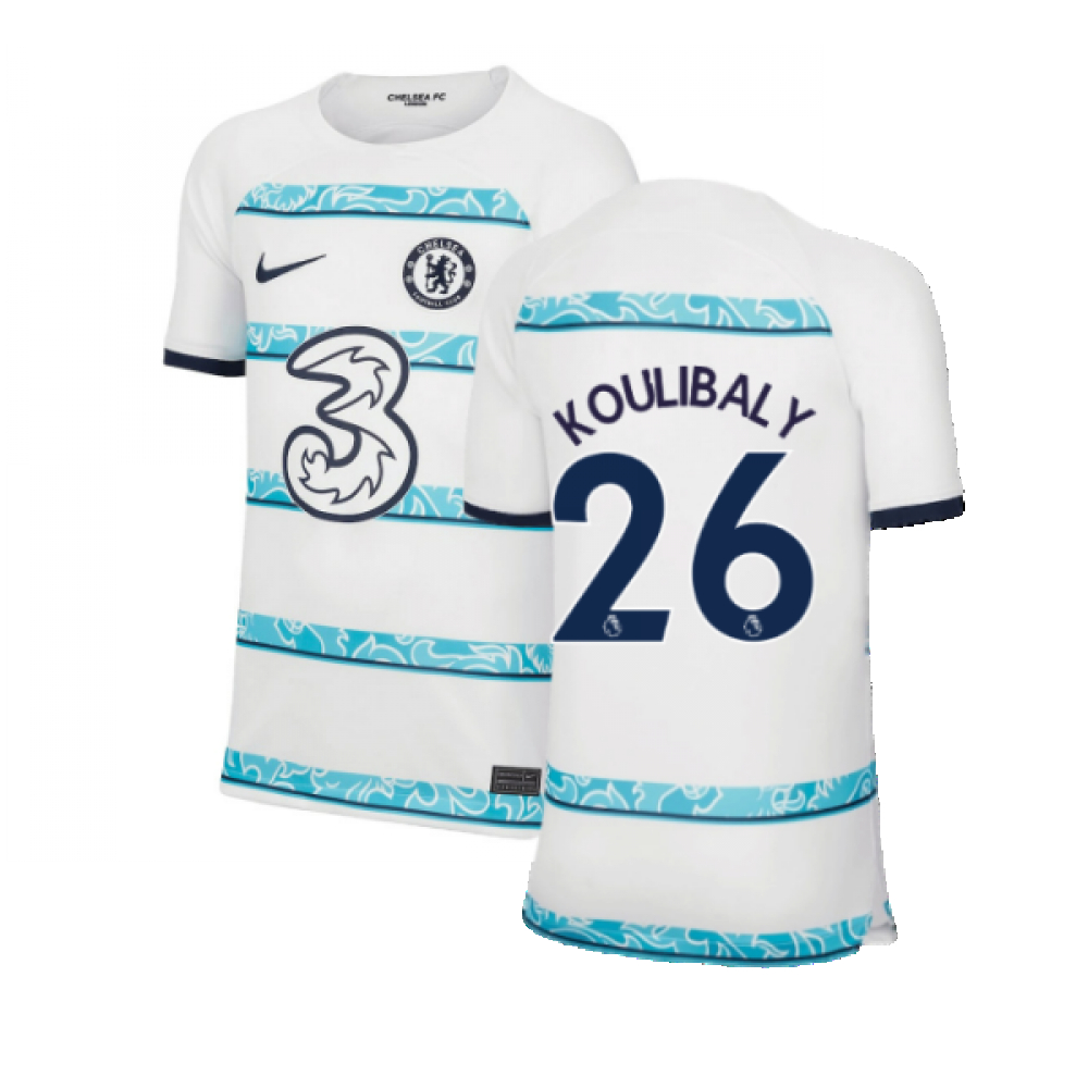 '22-'23 Chelsea Away Shirt (Kids) (Koulibaly 26) Polyester Kalidou Koulibaly Made By: Nike Unisex Kids White Extra Small