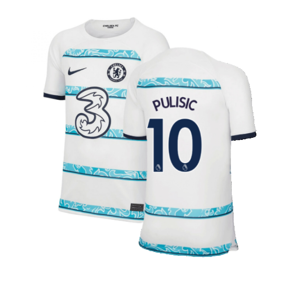 '22-'23 Chelsea Away Shirt (Kids) (Pulisic 10) Polyester Christian Pulisic Made By: Nike Unisex Kids White Extra Small