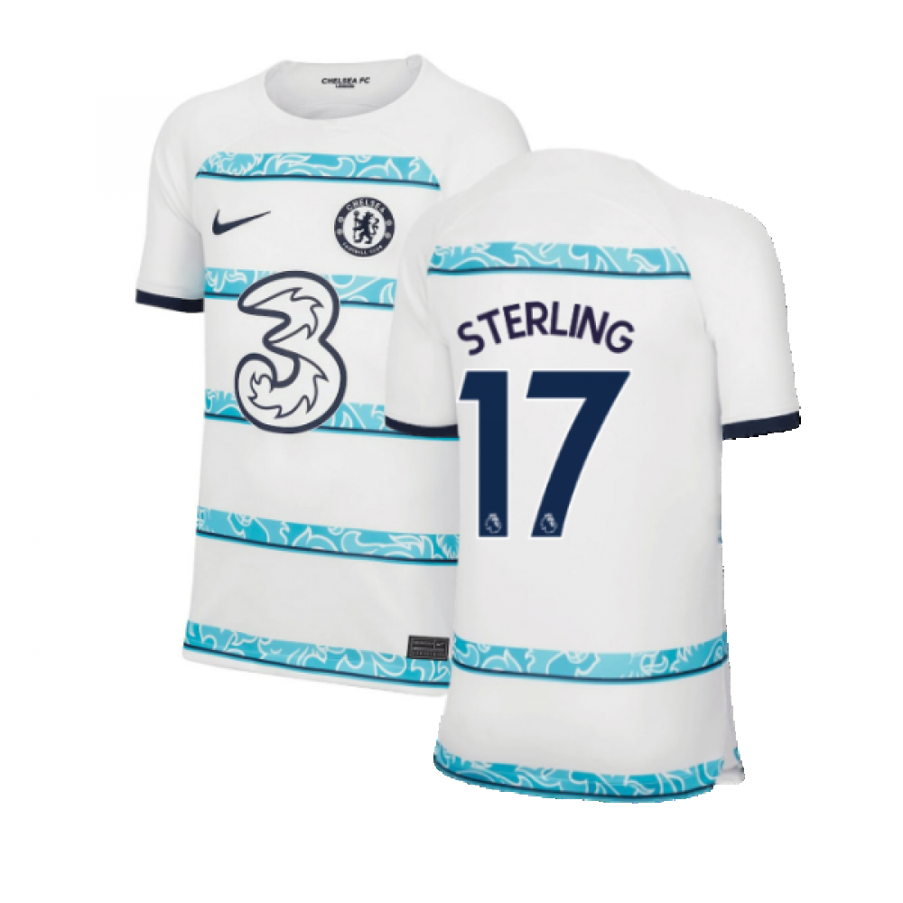 '22-'23 Chelsea Away Shirt (Kids) (Sterling 17) Polyester Raheem Sterling Made By: Nike Unisex Kids White Extra Small