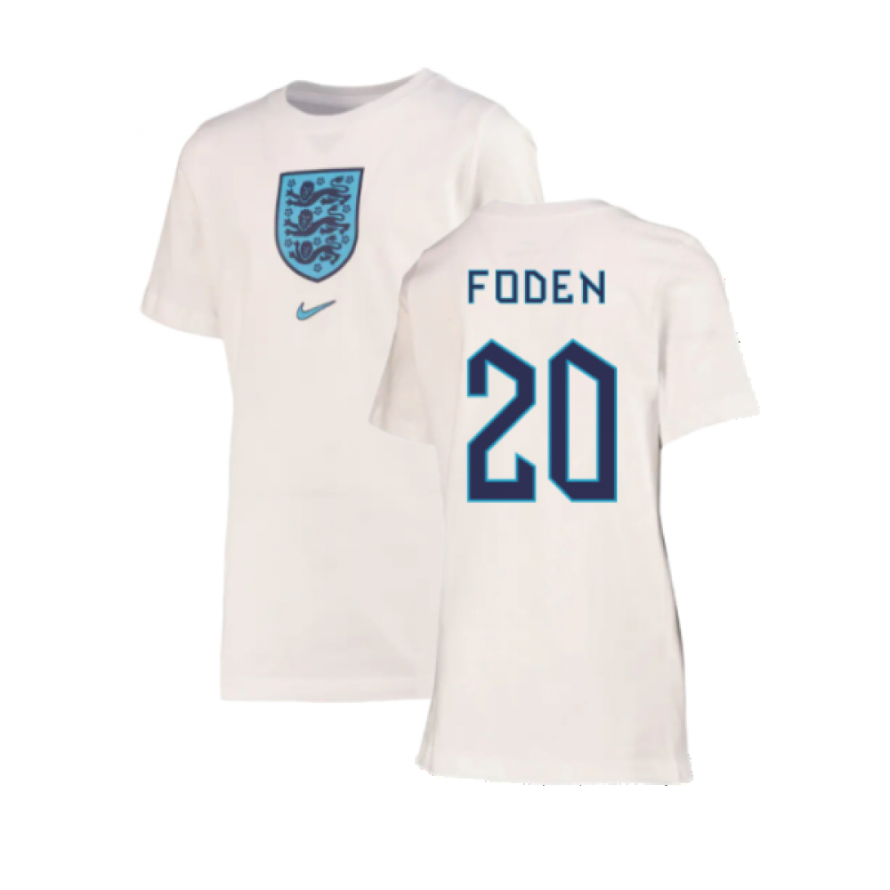 '22-'23 England Crest Tee (White) - Kids (Foden 20) Polyester Made By: Nike Unisex Kids White Extra Large
