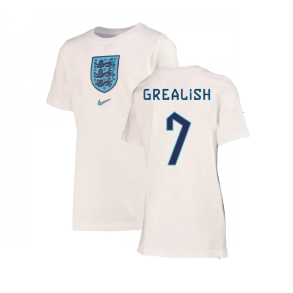 '22-'23 England Crest Tee (White) - Kids (Grealish 7) Polyester Made By: Nike Unisex Kids White Medium