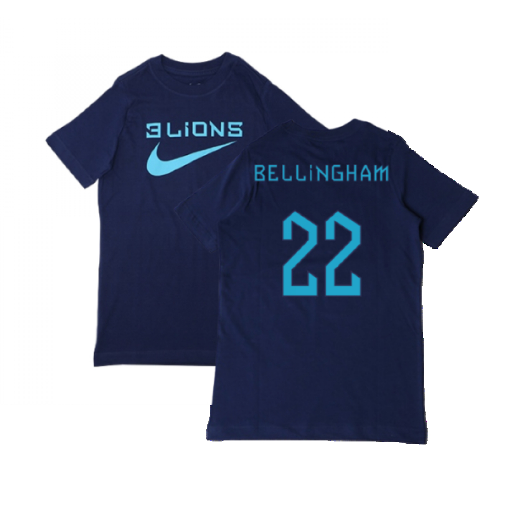 '22-'23 England Three Lions Tee (Navy) - Kids (Bellingham 22) Polyester Made By: Nike Unisex Kids Navy Small