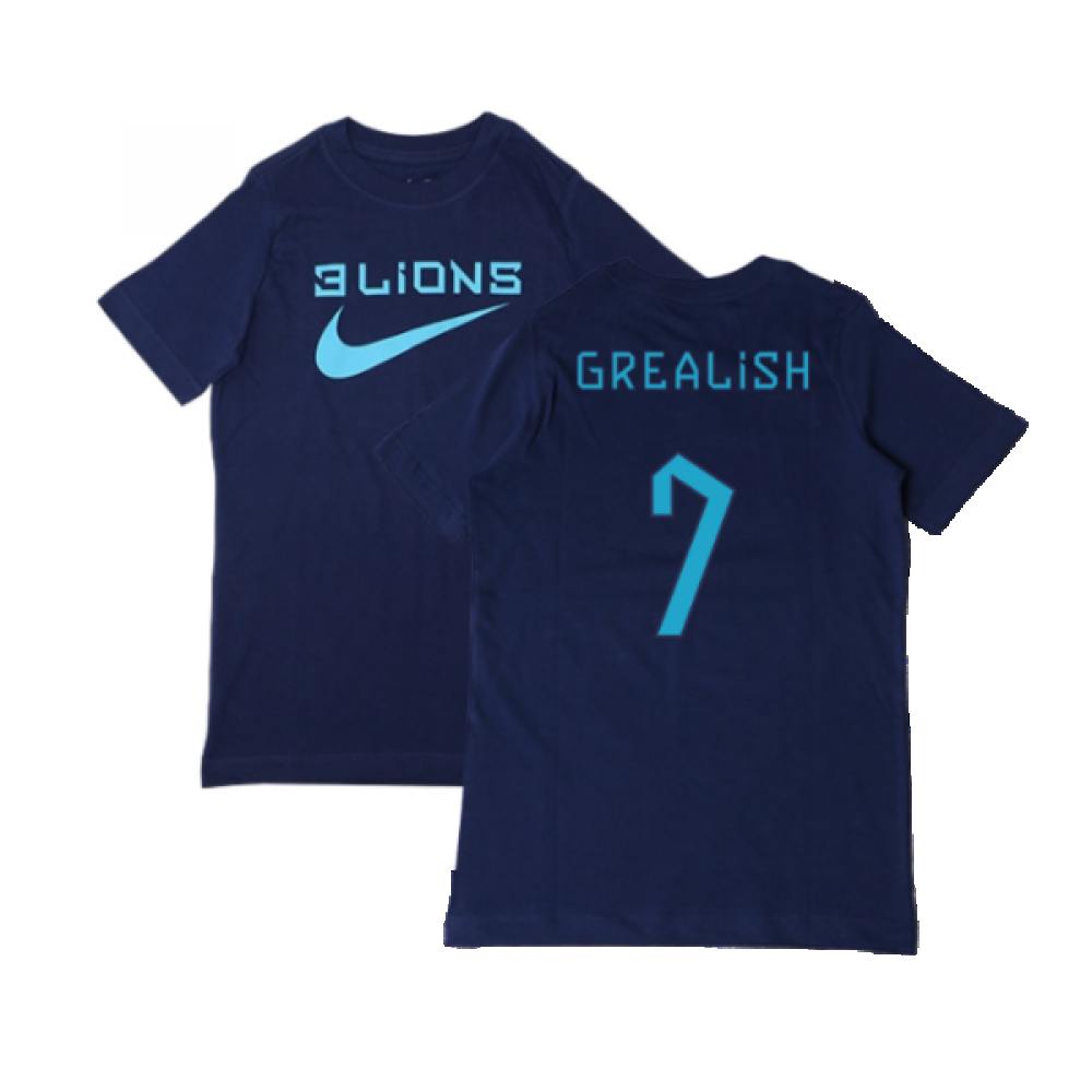 '22-'23 England Three Lions Tee (Navy) - Kids (Grealish 7) Polyester Made By: Nike Unisex Kids Navy Medium