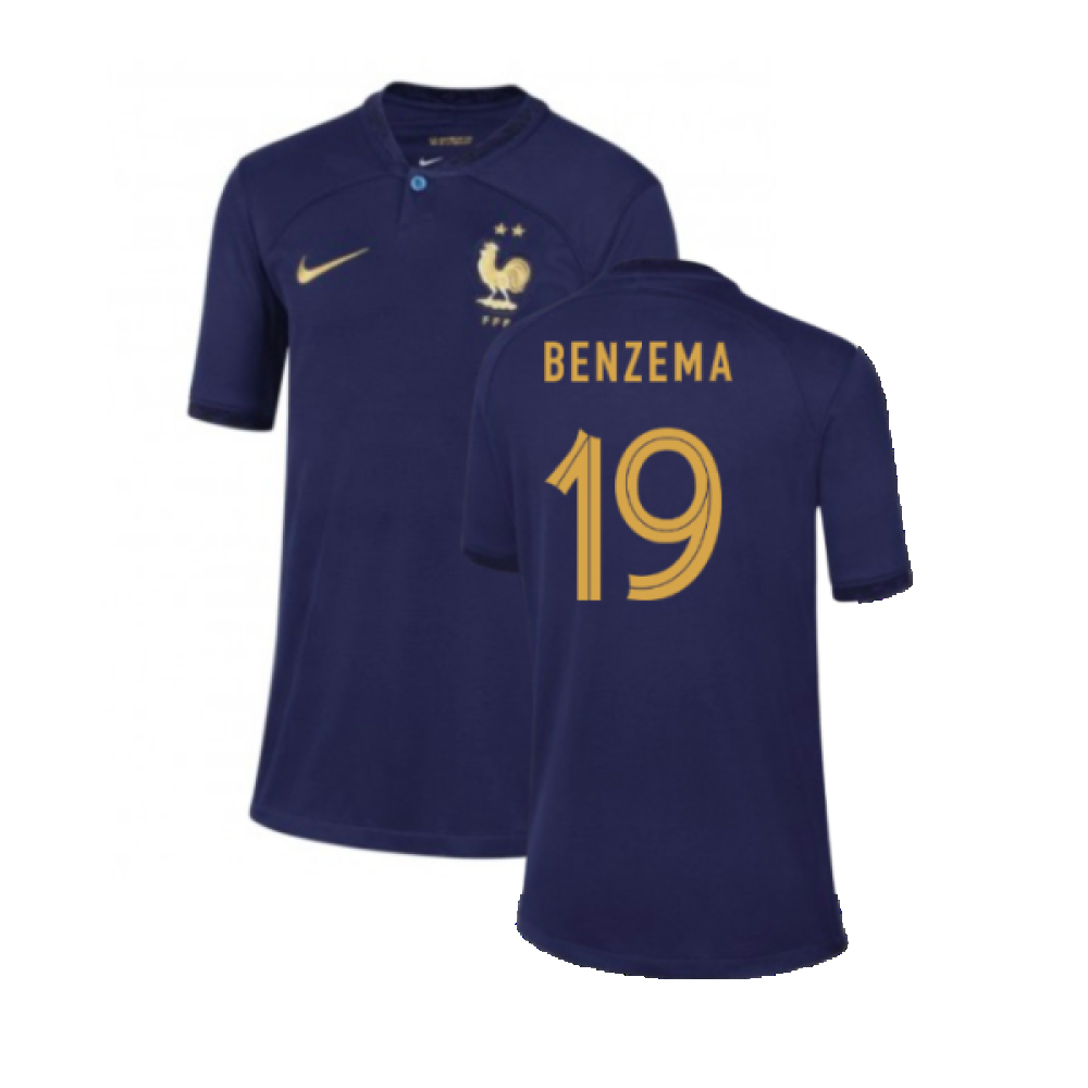 '22-'23 France Home Shirt - Kids (Benzema 19) Polyester Made By: Nike Unisex Kids Navy Small