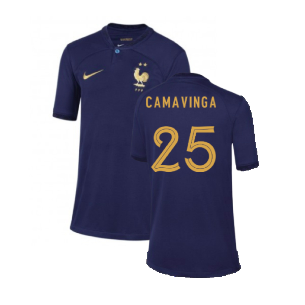 '22-'23 France Home Shirt - Kids (Camavinga 25) Polyester Made By: Nike Unisex Kids Navy Small