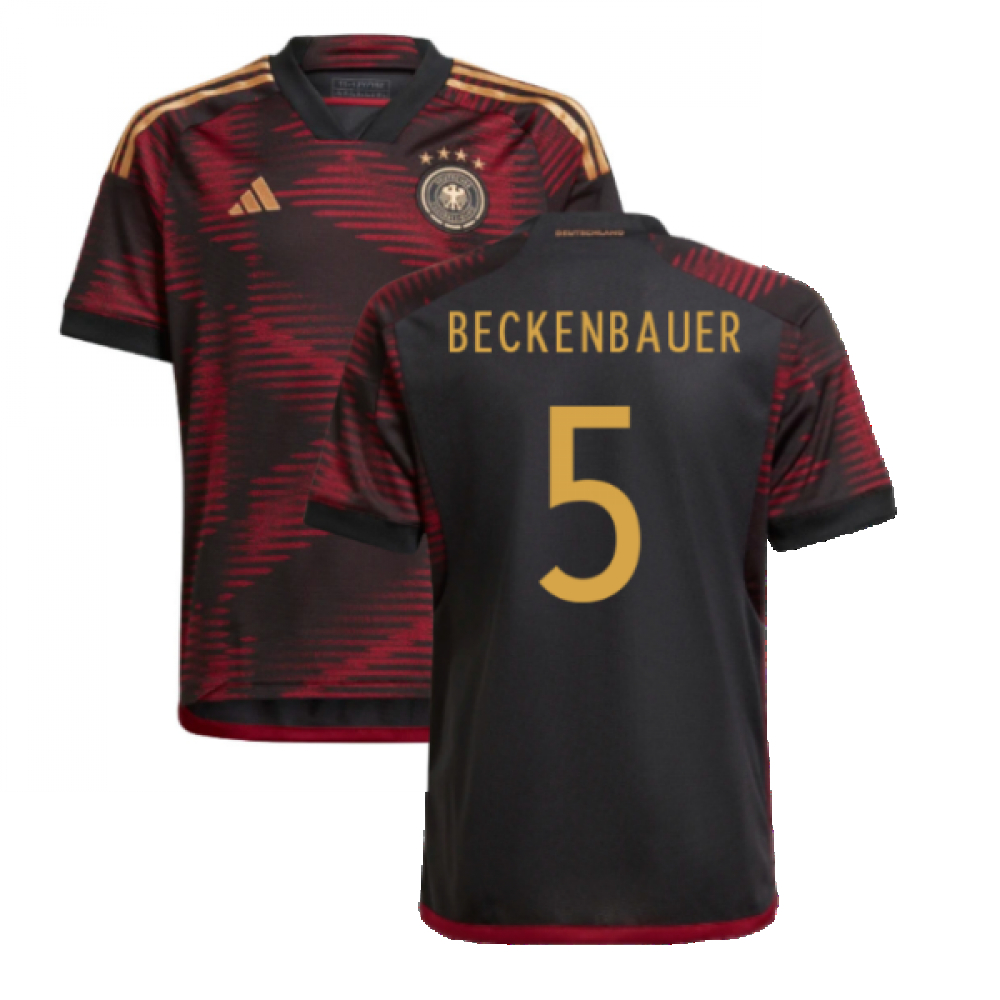 '22-'23 Germany Away Shirt (Kids) (Beckenbauer 5) Polyester Franz Beckenbauer Made By: Adidas Unisex Kids Black Size 7-8