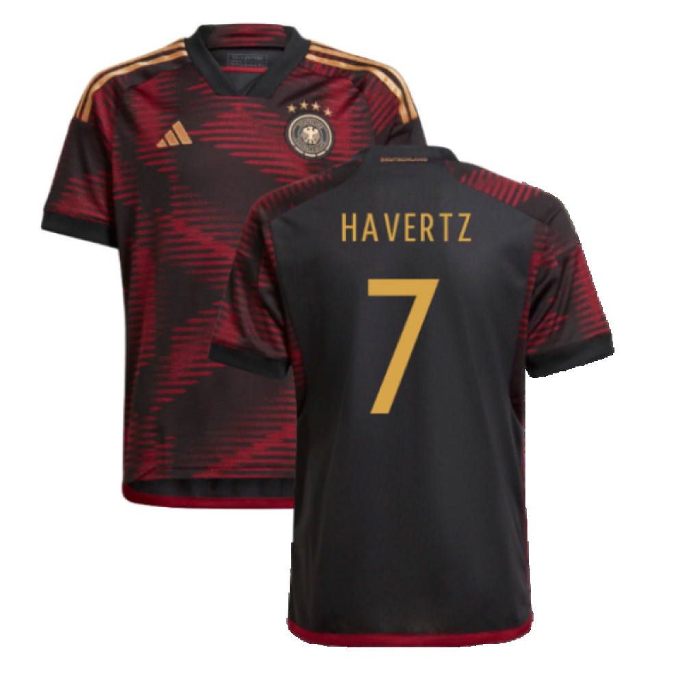 '22-'23 Germany Away Shirt (Kids) (Havertz 7) Polyester Kai Havertz Made By: Adidas Unisex Kids Black Size 7-8
