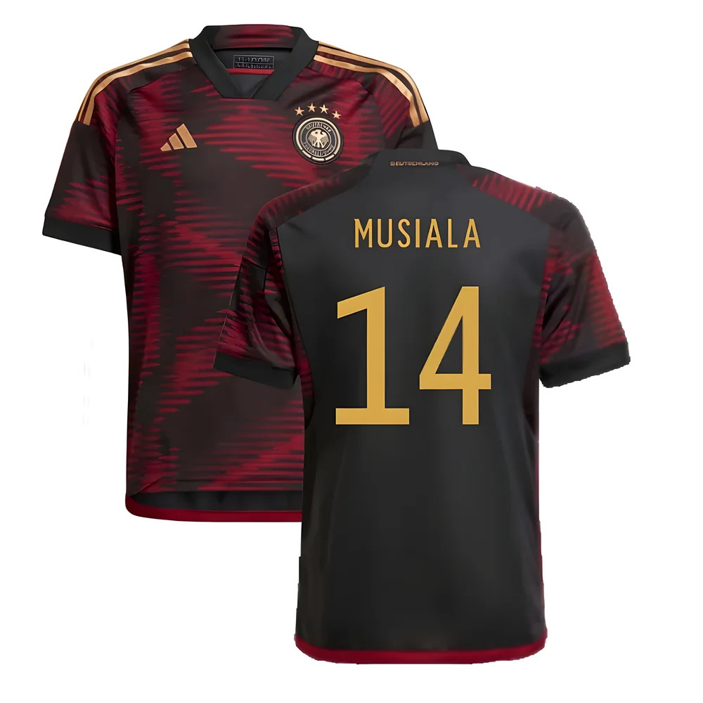'22-'23 Germany Away Shirt (Kids) (Musiala 14) Polyester Jamal Musiala Made By: Adidas Unisex Kids Black Size 7-8