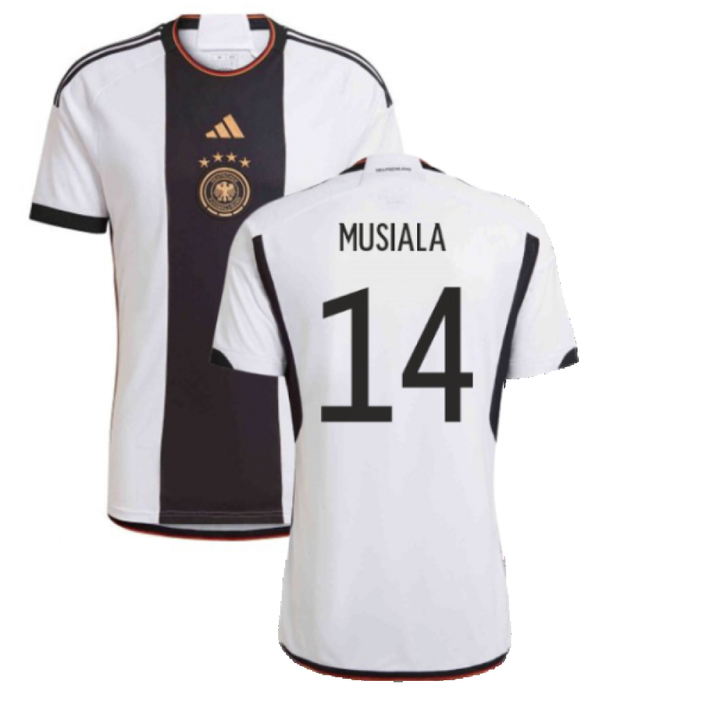 '22-'23 Germany Home Shirt (Kids) (Musiala 14) Polyester Jamal Musiala Made By: Adidas Unisex Kids White Size 7-8