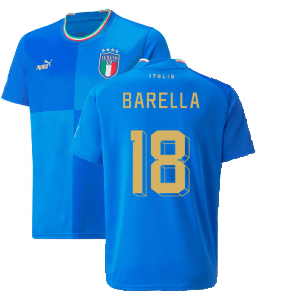 '22-'23 Italy Home Shirt (Kids) (Barella 18) Polyester Nicolò Barella Made By: Puma Unisex Kids Blue Size 13-14