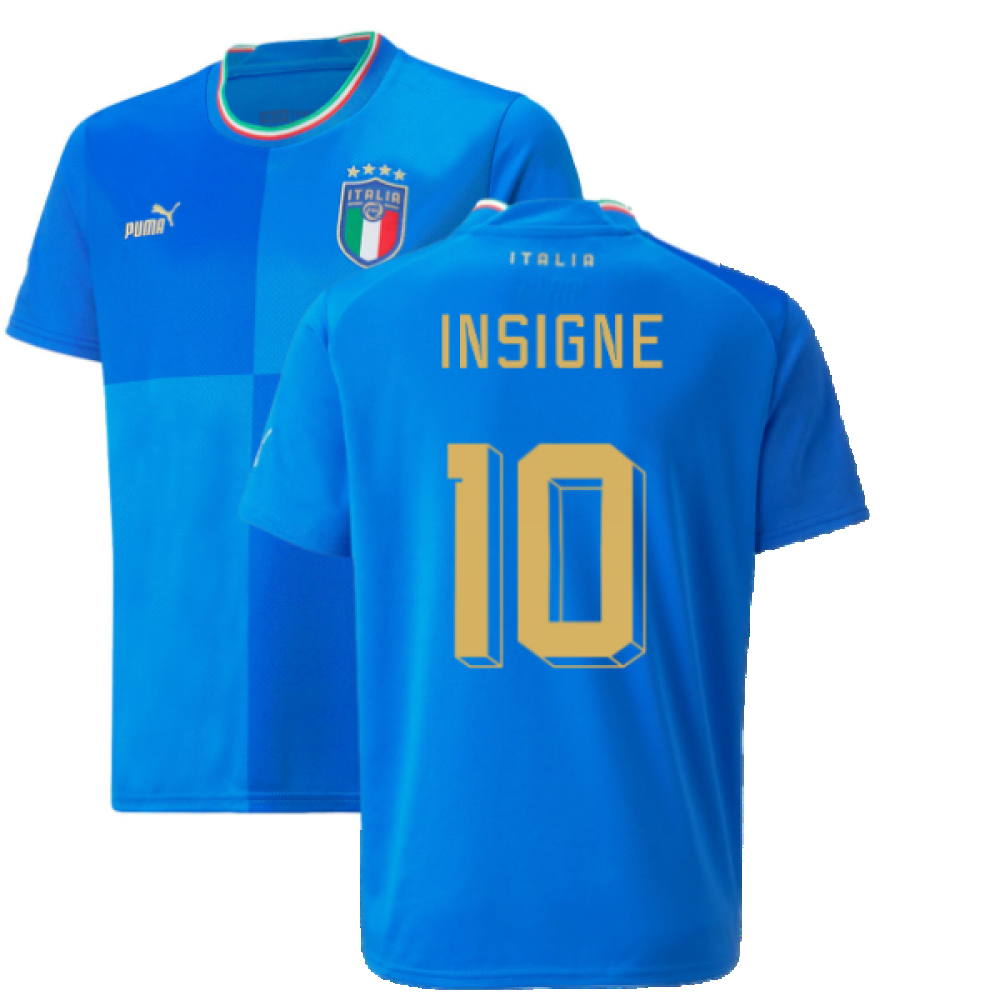 '22-'23 Italy Home Shirt (Kids) (Insigne 10) Polyester Lorenzo Insigne Made By: Puma Unisex Kids Blue Size 13-14