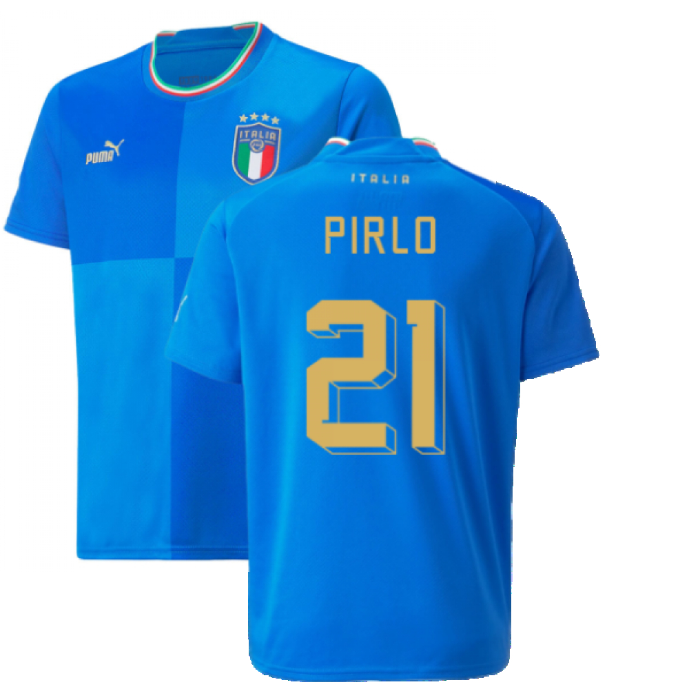 '22-'23 Italy Home Shirt (Kids) (Pirlo 21) Polyester Andrea Pirlo Made By: Puma Unisex Kids Blue Size 13-14