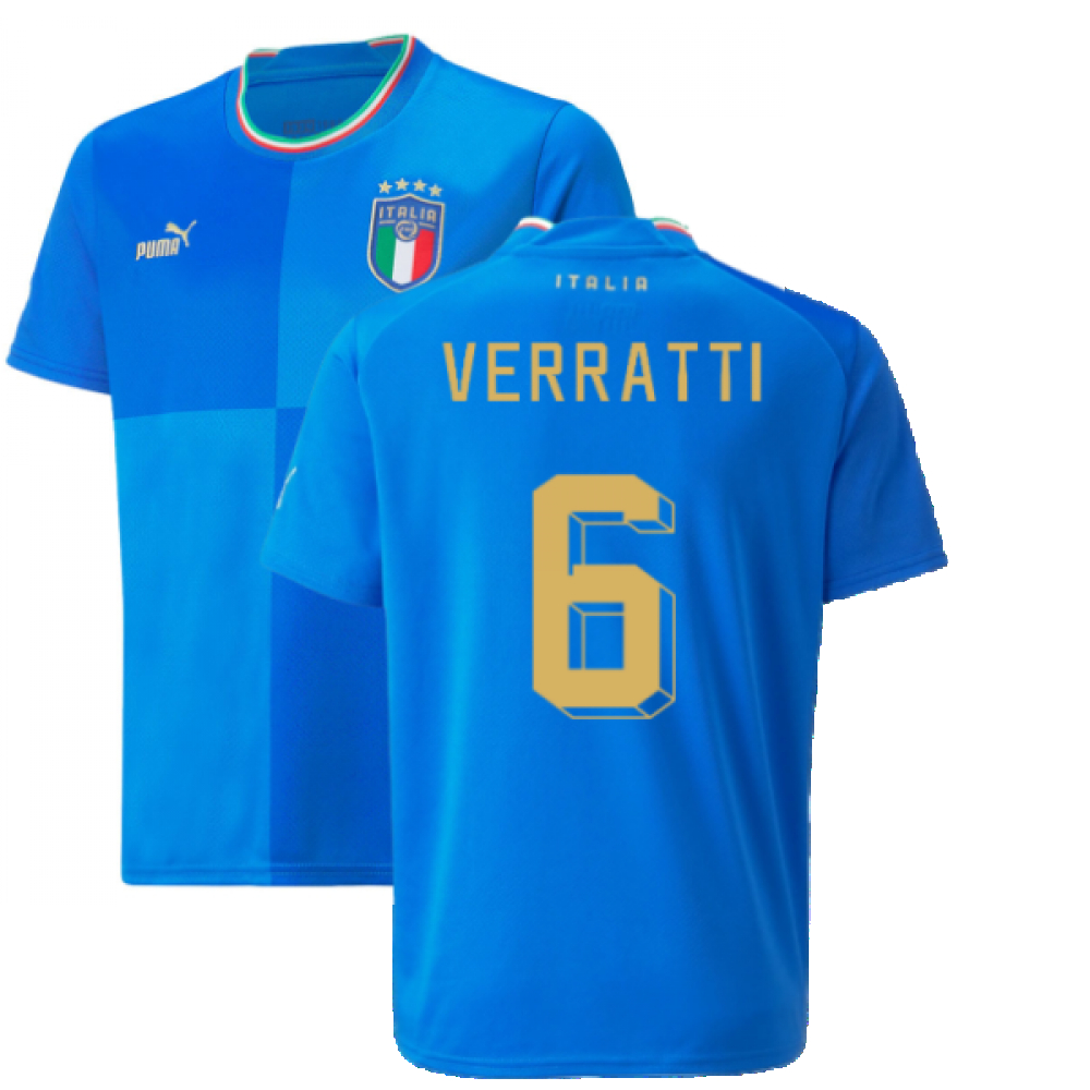 '22-'23 Italy Home Shirt (Kids) (Verratti 6) Polyester Marco Verratti Made By: Puma Unisex Kids Blue Size 13-14