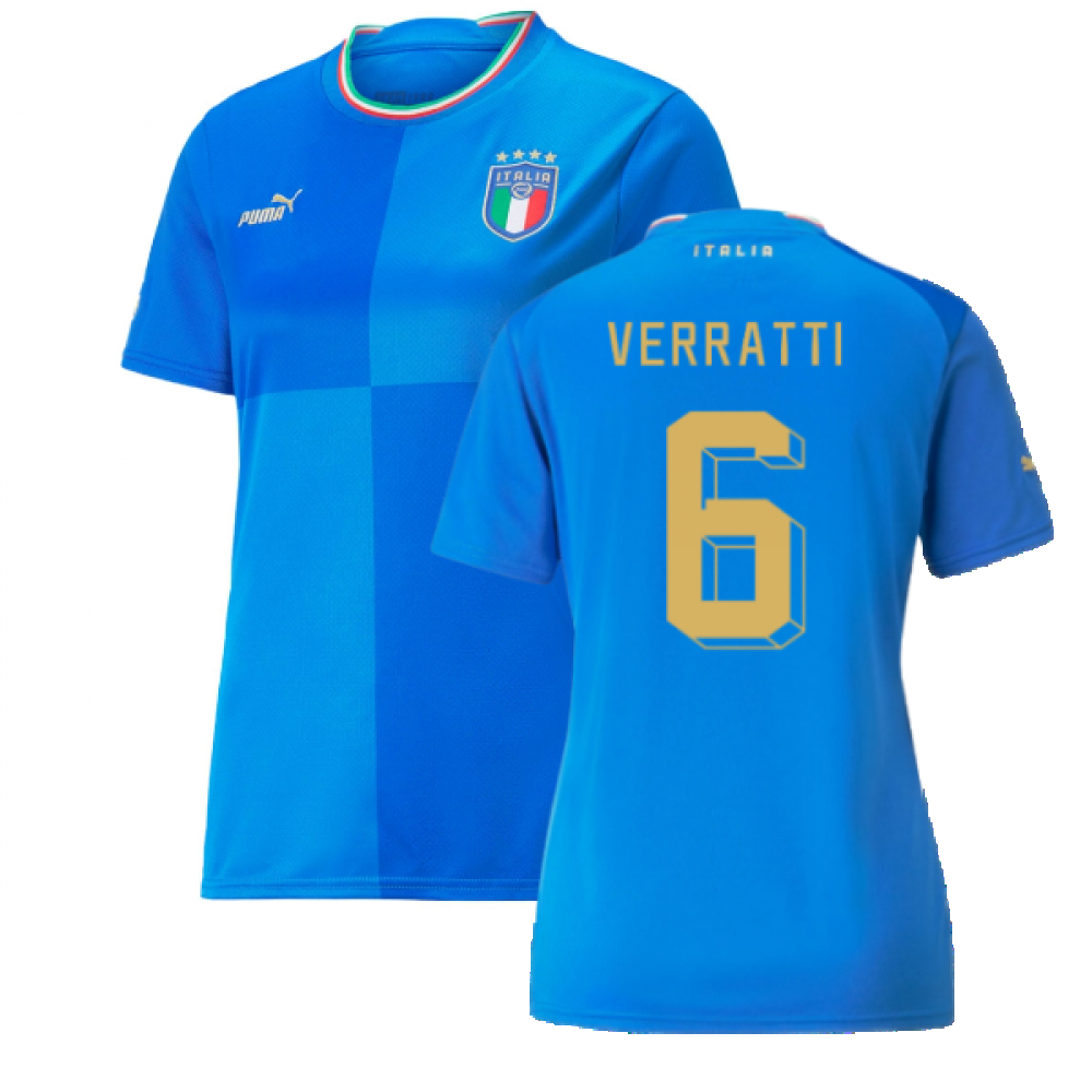 '22-'23 Italy Home Shirt () (Verratti 6) Polyester Marco Verratti Made By: Puma Women's Blue Extra Large