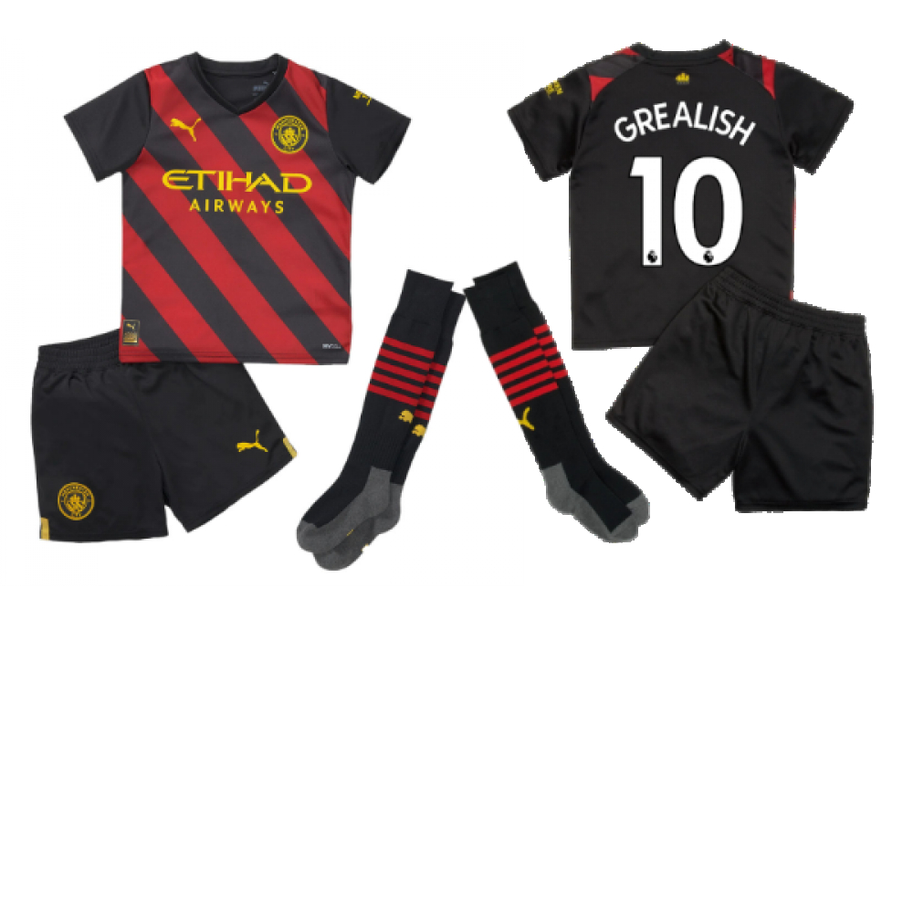 '22-'23 Man City Away Mini Kit (Grealish 10) Toddler's 1-2 Toddler Polyester Jack Grealish Manchester City Made By: Puma Unisex Toddler Red 2-3 Toddler