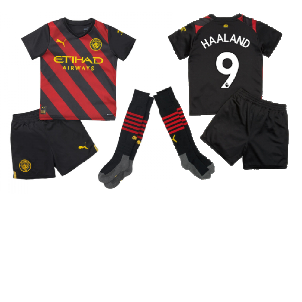 '22-'23 Man City Away Mini Kit (Haaland 9) Toddler's 1-2 Toddler Polyester Erling Haaland Manchester City Made By: Puma Unisex Toddler Red 3-4 Toddler
