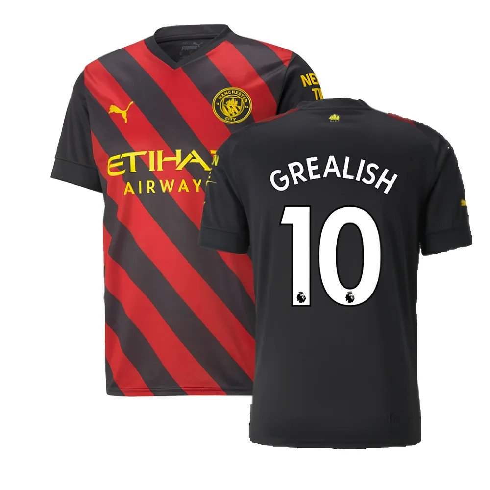 '22-'23 Man City Away Shirt (Grealish 10) Polyester Jack Grealish Manchester City Made By: Puma Men's Red/Black Medium