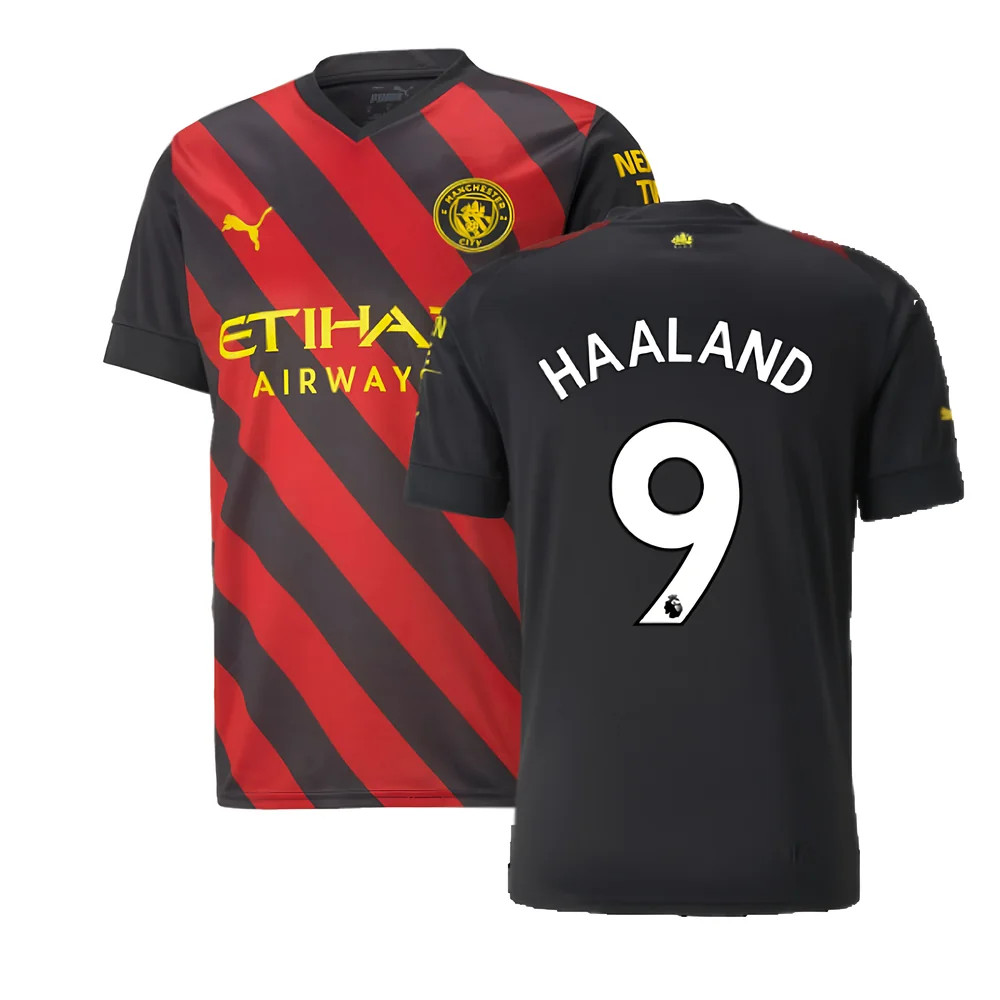 '22-'23 Man City Away Shirt (Haaland 9) Polyester Erling Haaland Manchester City Made By: Puma Men's Red/Black Large