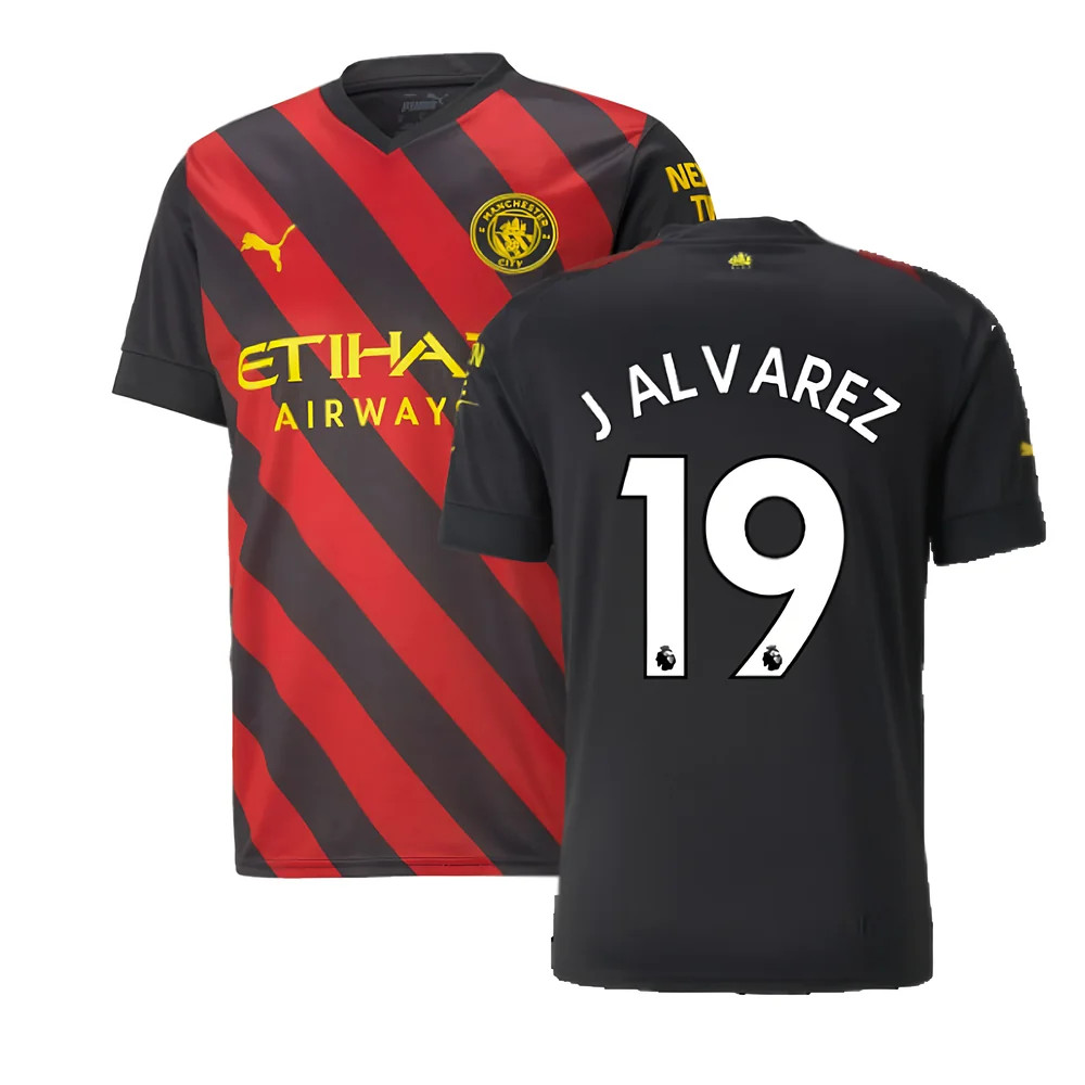 '22-'23 Man City Away Shirt (J Alvarez 19) Polyester Julian Alvarez Manchester City Made By: Puma Men's Red/Black Large