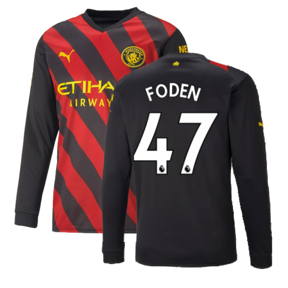 '22-'23 Man City Long Sleeve Away Shirt (Foden 47) Polyester Phil Foden Manchester City Made By: Puma Men's Red/Black Xxl