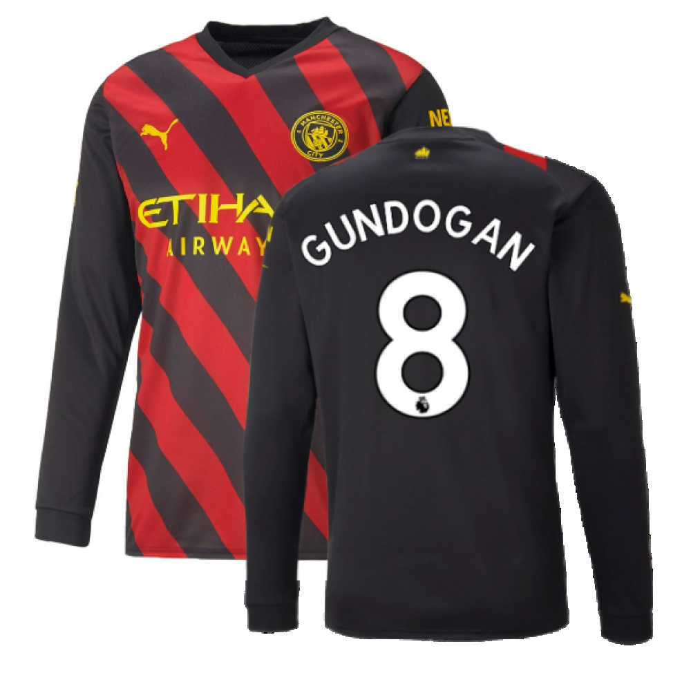'22-'23 Man City Long Sleeve Away Shirt (Gundogan 8) Polyester Ilkay Gundogan Manchester City Made By: Puma Men's Red/Black Xxl