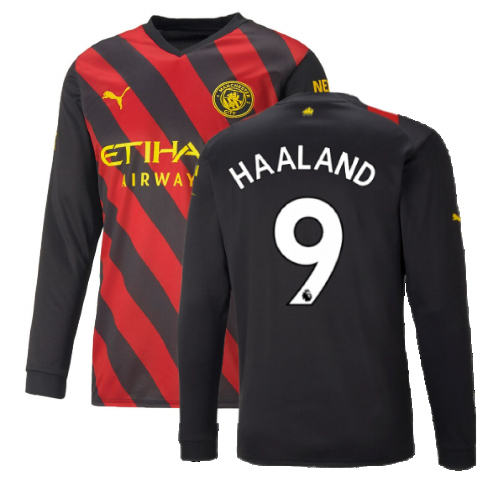 '22-'23 Man City Long Sleeve Away Shirt (Haaland 9) Polyester Erling Haaland Manchester City Made By: Puma Men's Red/Black Xxl