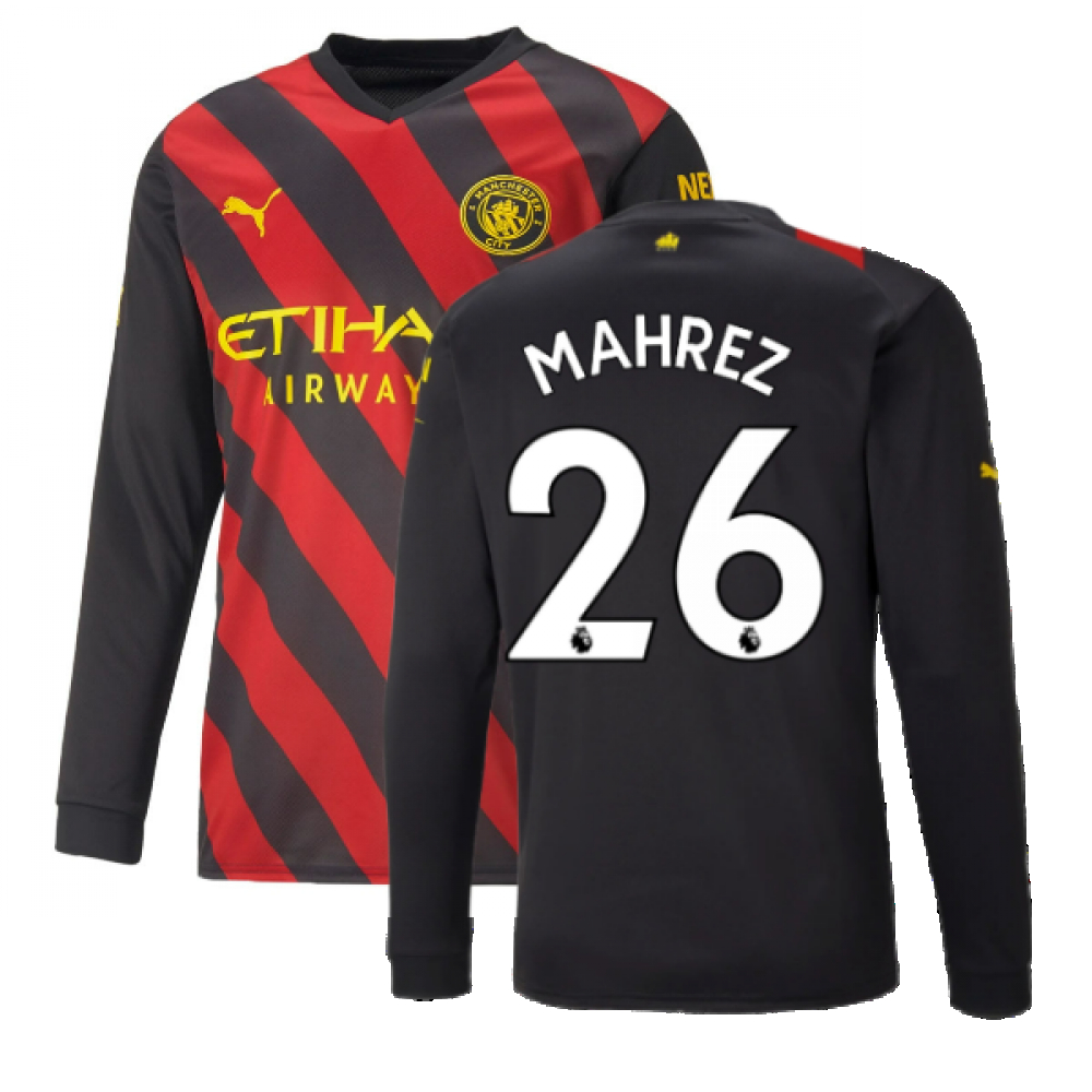 '22-'23 Man City Long Sleeve Away Shirt (Mahrez 26) Polyester Riyad Mahrez Manchester City Made By: Puma Men's Red/Black Xxl