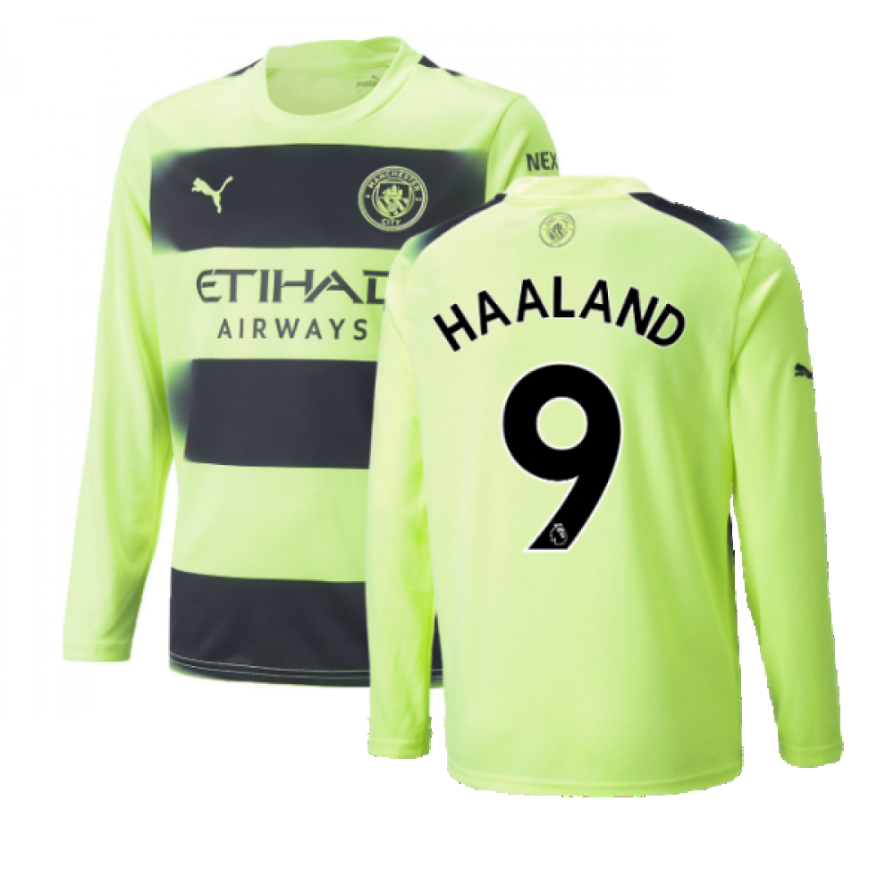'22-'23 Man City Long Sleeve Third Shirt (Haaland 9) Polyester Erling Haaland Manchester City Made By: Puma Men's Yellow Medium