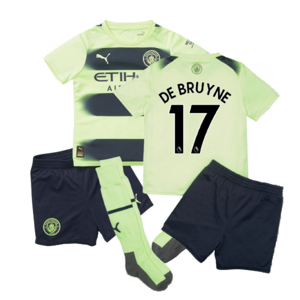 '22-'23 Man City Third Mini Kit (De Bruyne 17) Toddler's Polyester Kevin De Bruyne Manchester City Made By: Puma Unisex Toddler Yellow 2-3 Toddler