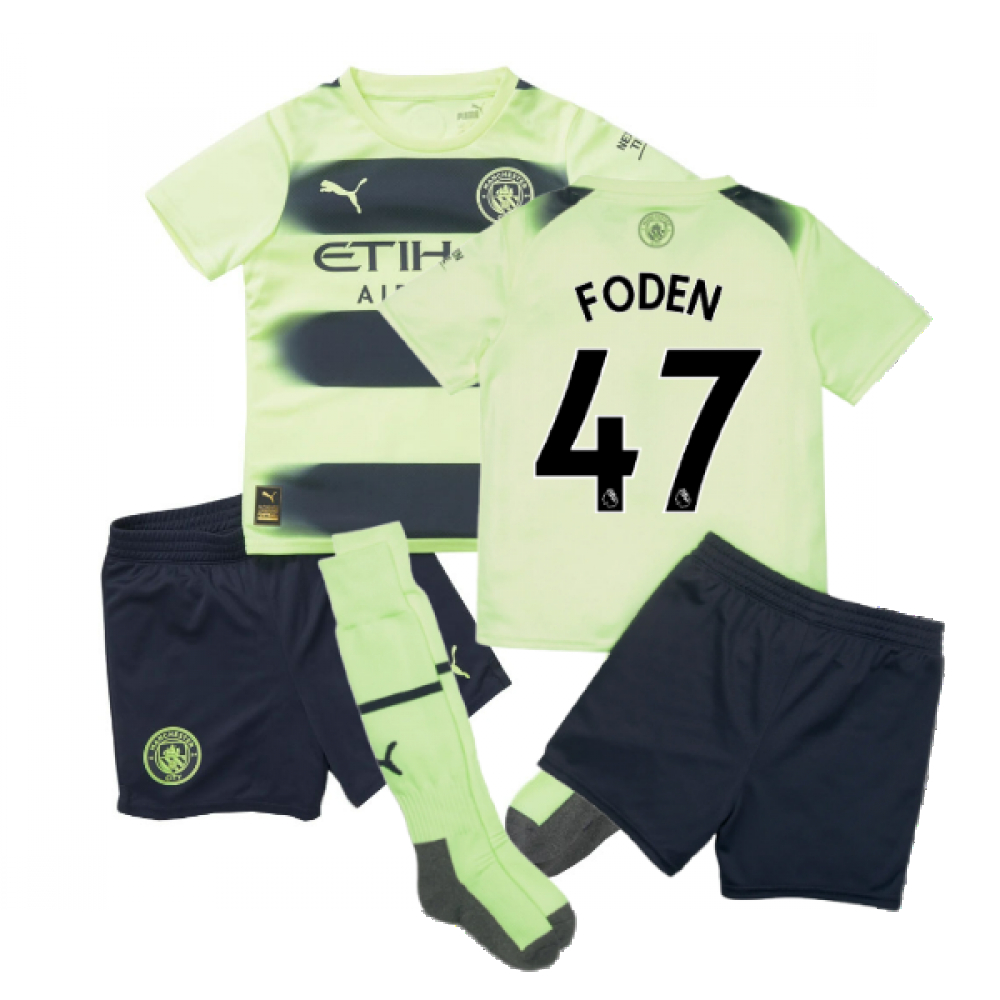'22-'23 Man City Third Mini Kit (Foden 47) Toddler's Polyester Phil Foden Manchester City Made By: Puma Unisex Toddler Yellow 2-3 Toddler
