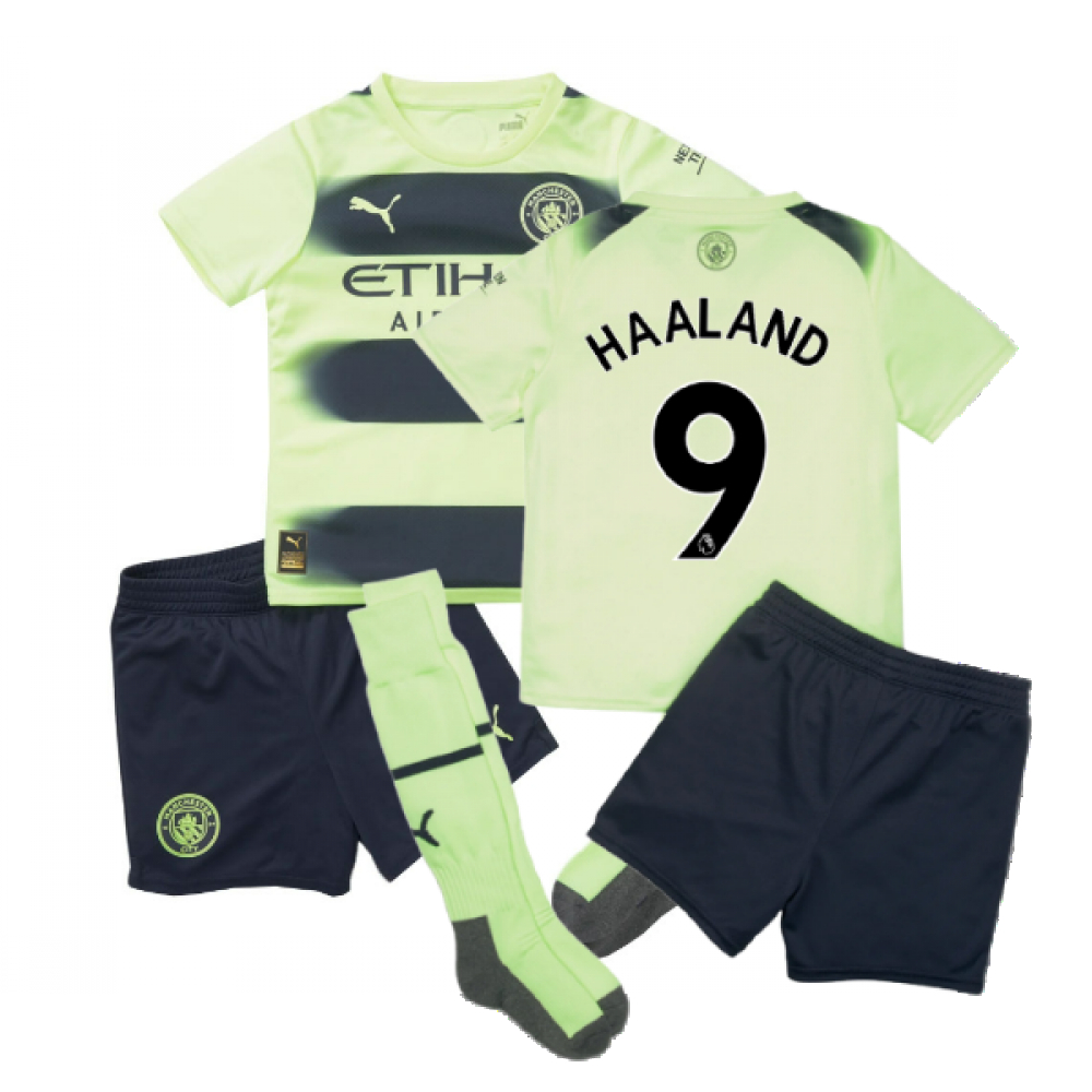 '22-'23 Man City Third Mini Kit (Haaland 9) Toddler's Polyester Erling Haaland Manchester City Made By: Puma Unisex Toddler Yellow 2-3 Toddler