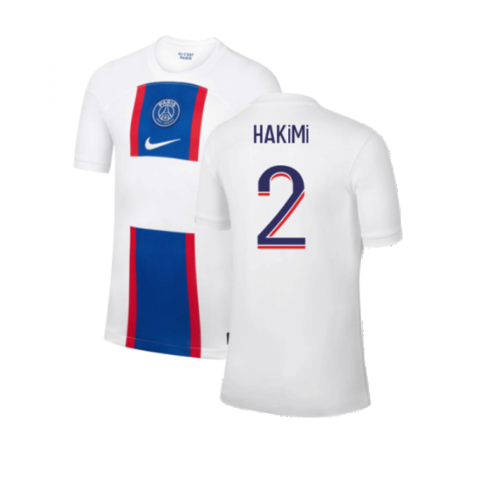 '22-'23 Psg Third Shirt (Kids) (Hakimi 2) Polyester Achraf Hakimi Made By: Nike Unisex Kids White Small